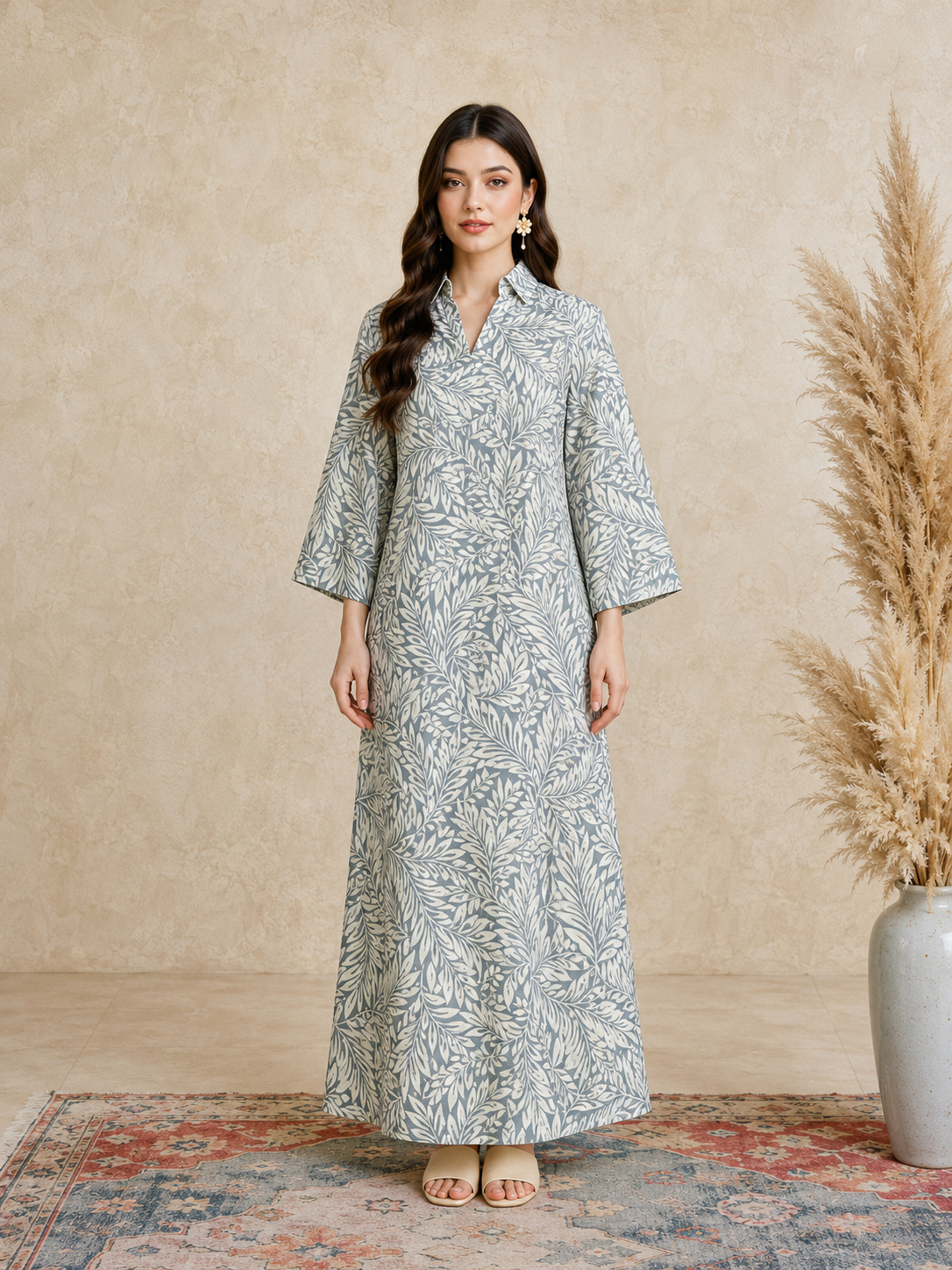 Green All Over Print Open Collar Jalabiya