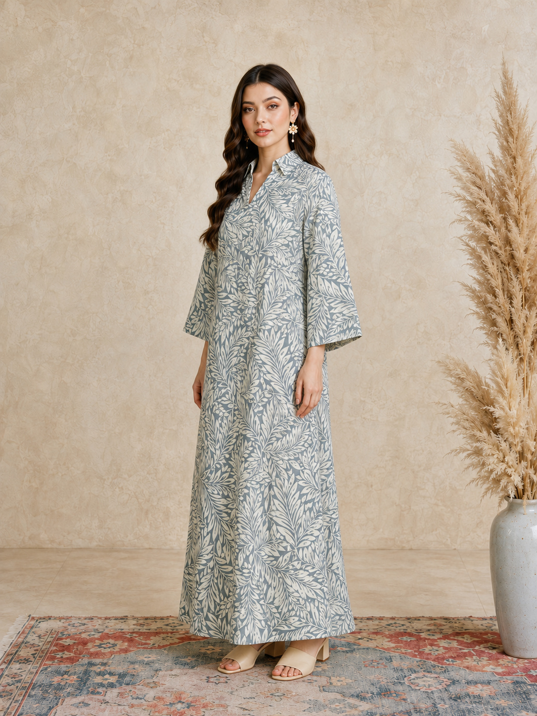 Green All Over Print Open Collar Jalabiya