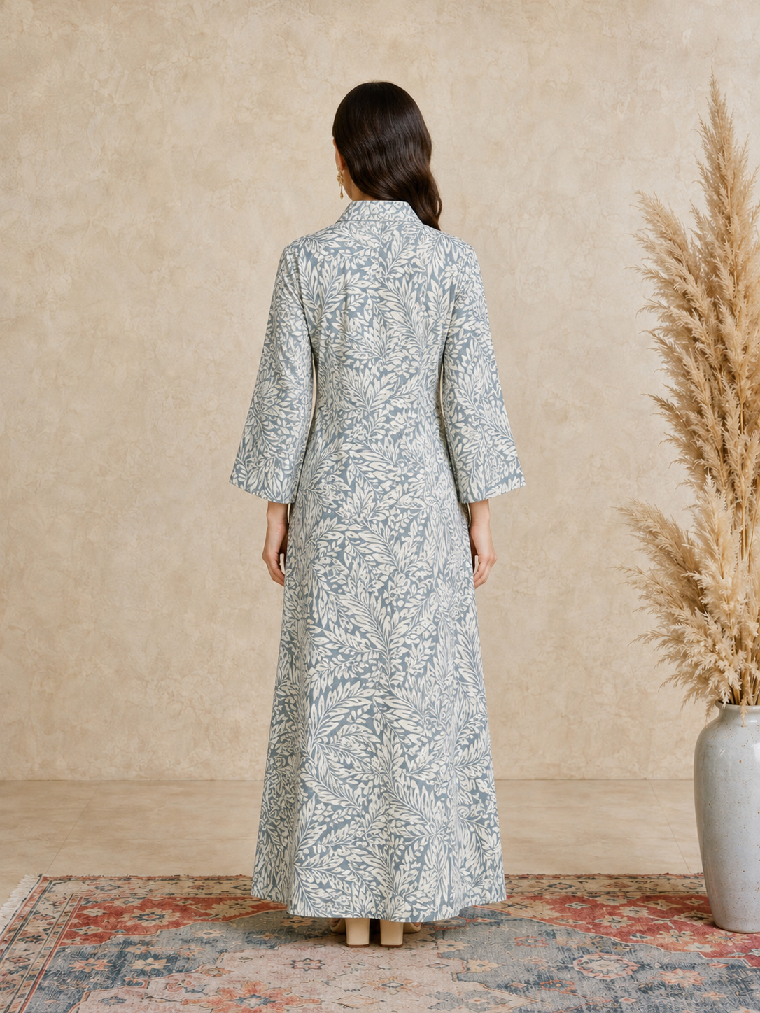 Green All Over Print Open Collar Jalabiya