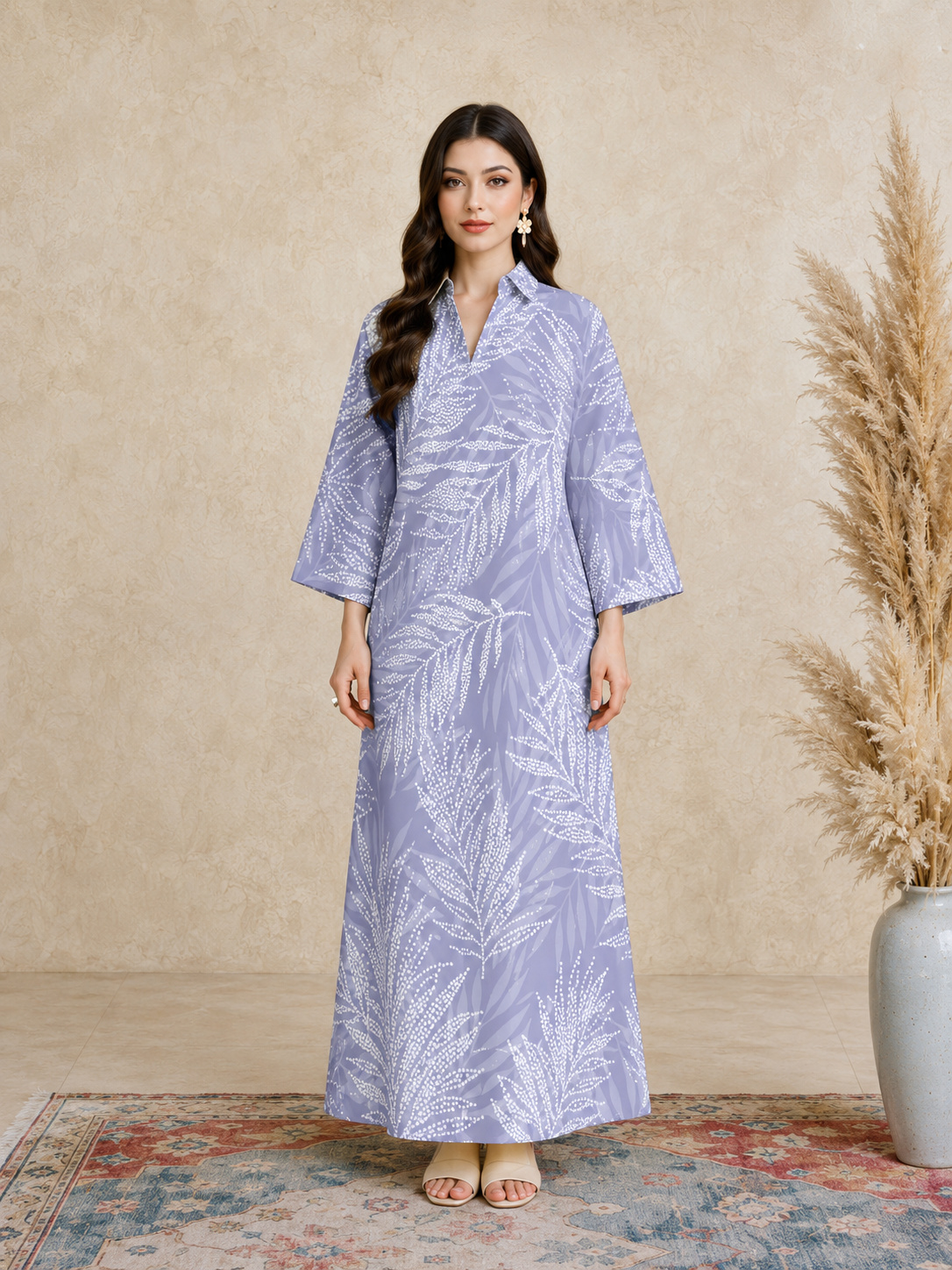 Purple Leaf Print Open Collar Jalabiya
