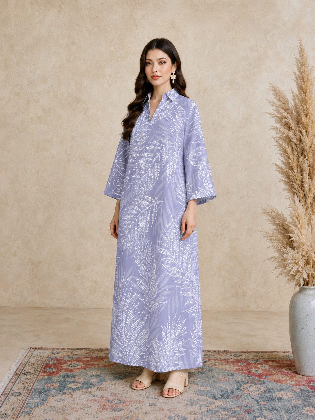 Purple Leaf Print Open Collar Jalabiya