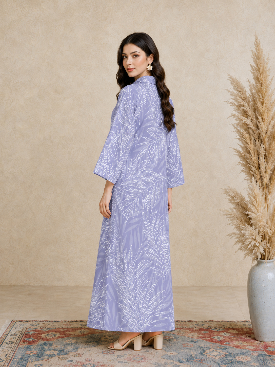 Purple Leaf Print Open Collar Jalabiya