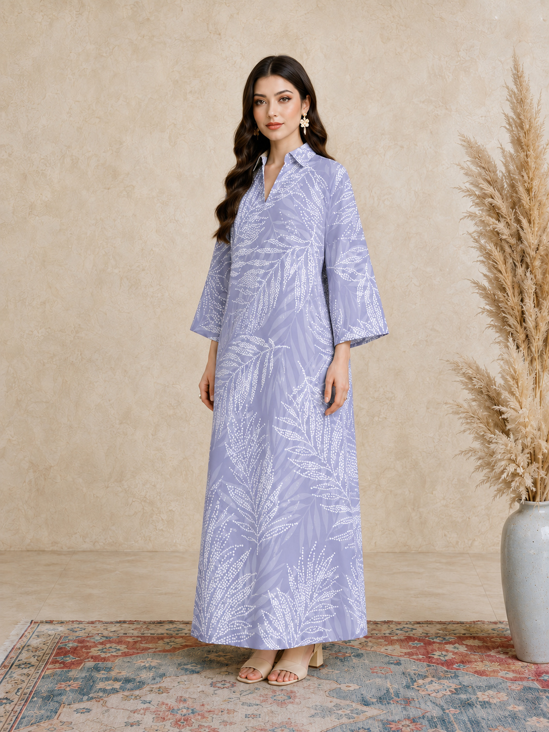 Purple Leaf Print Open Collar Jalabiya