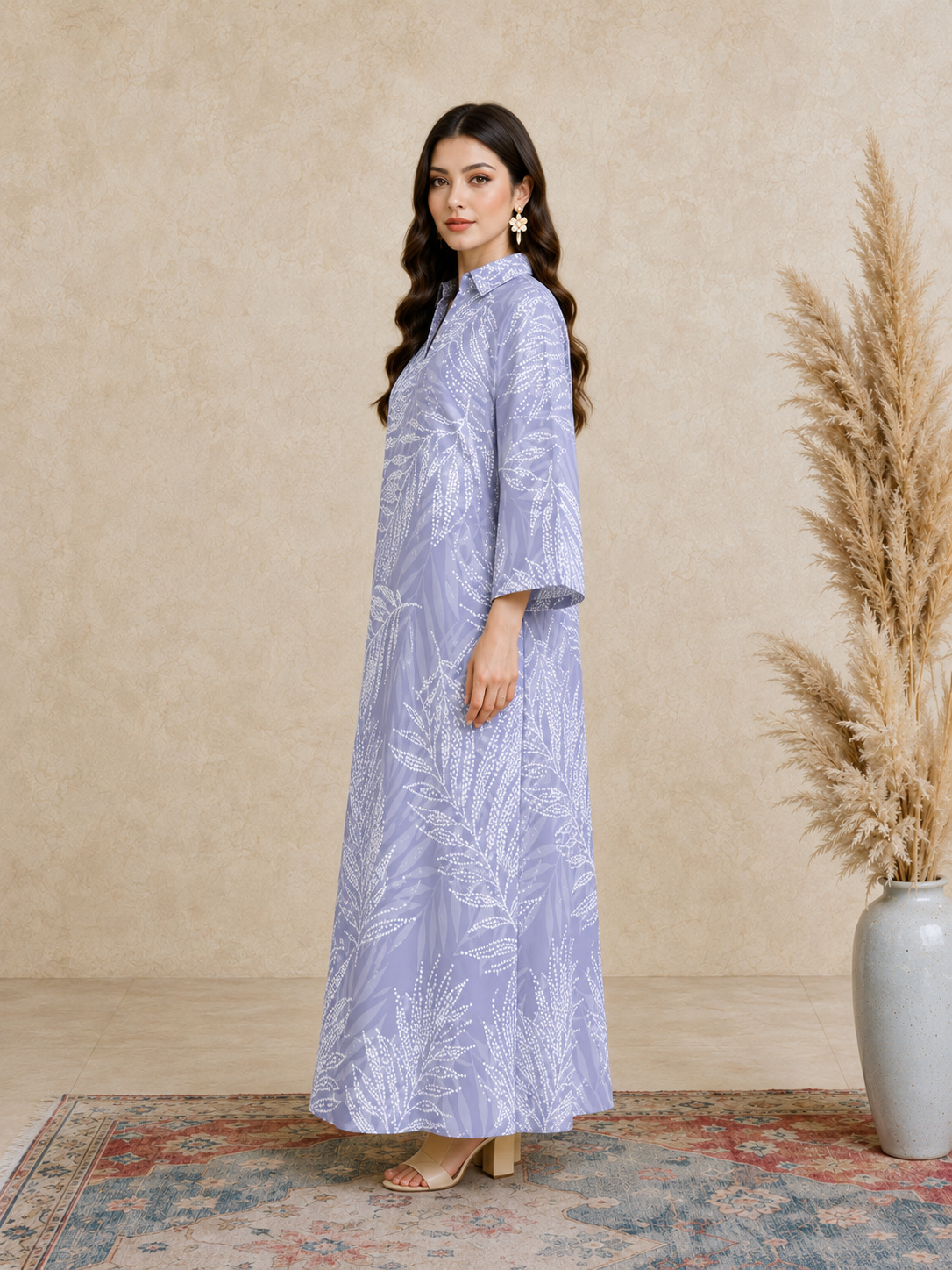 Purple Leaf Print Open Collar Jalabiya