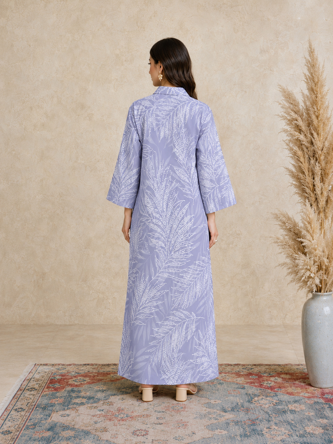 Purple Leaf Print Open Collar Jalabiya