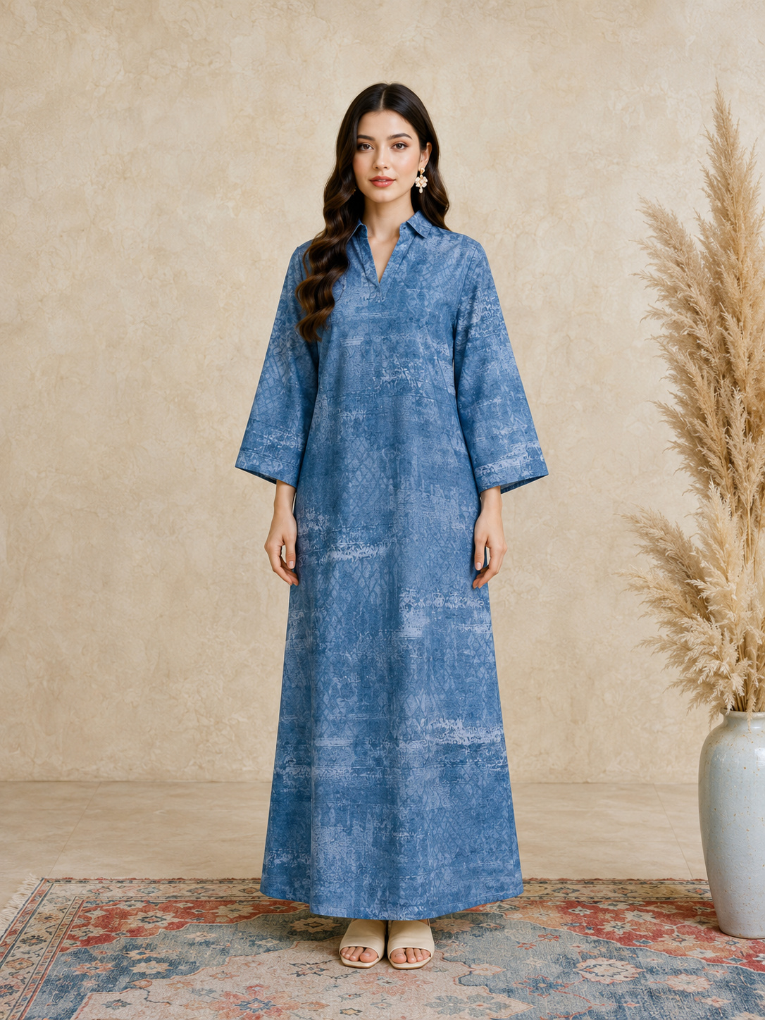 Blue Long Sleeves Open Collar Jalabiya