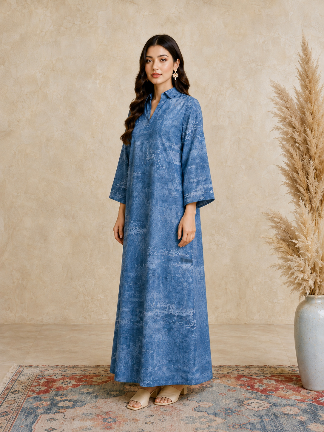 Blue Long Sleeves Open Collar Jalabiya