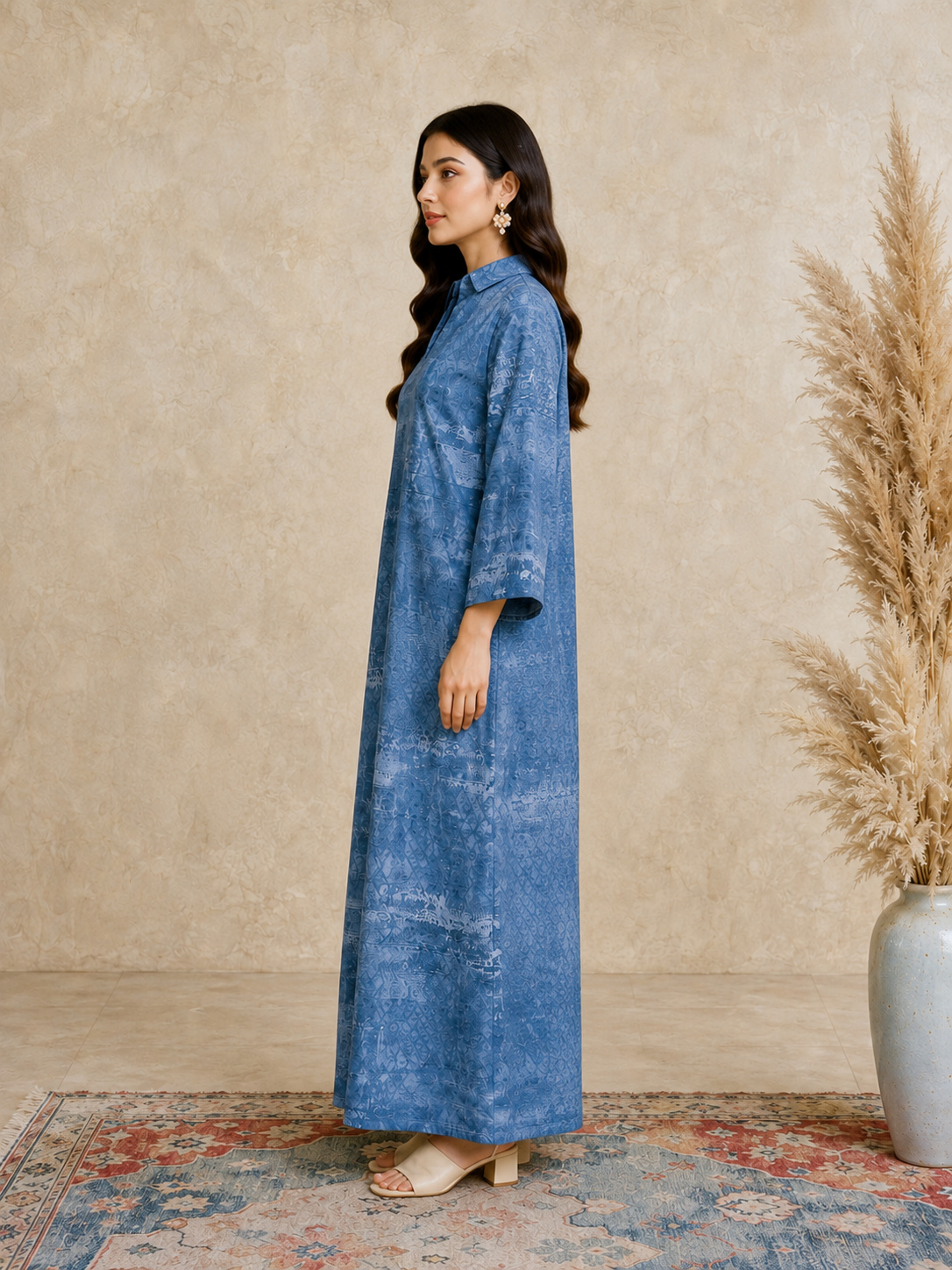 Blue Long Sleeves Open Collar Jalabiya