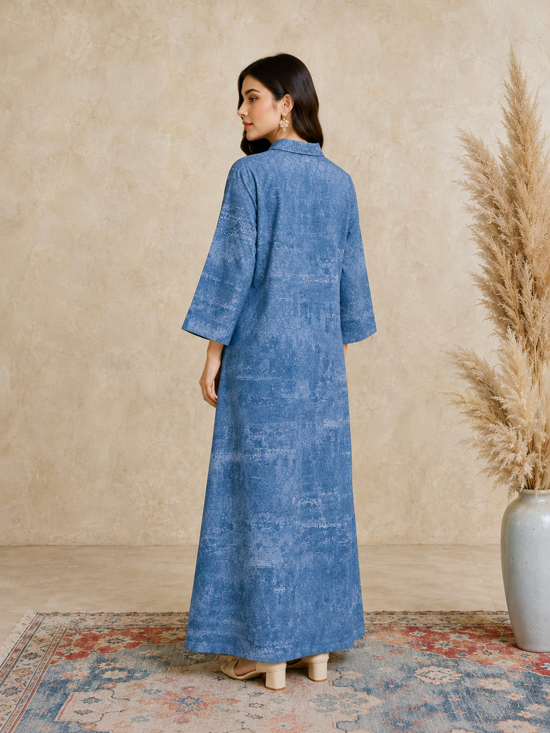 Blue Long Sleeves Open Collar Jalabiya