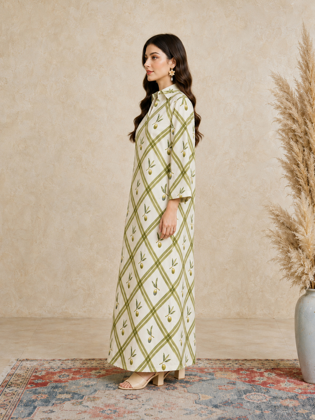 Olive Long Sleeves Open Collar Jalabiya