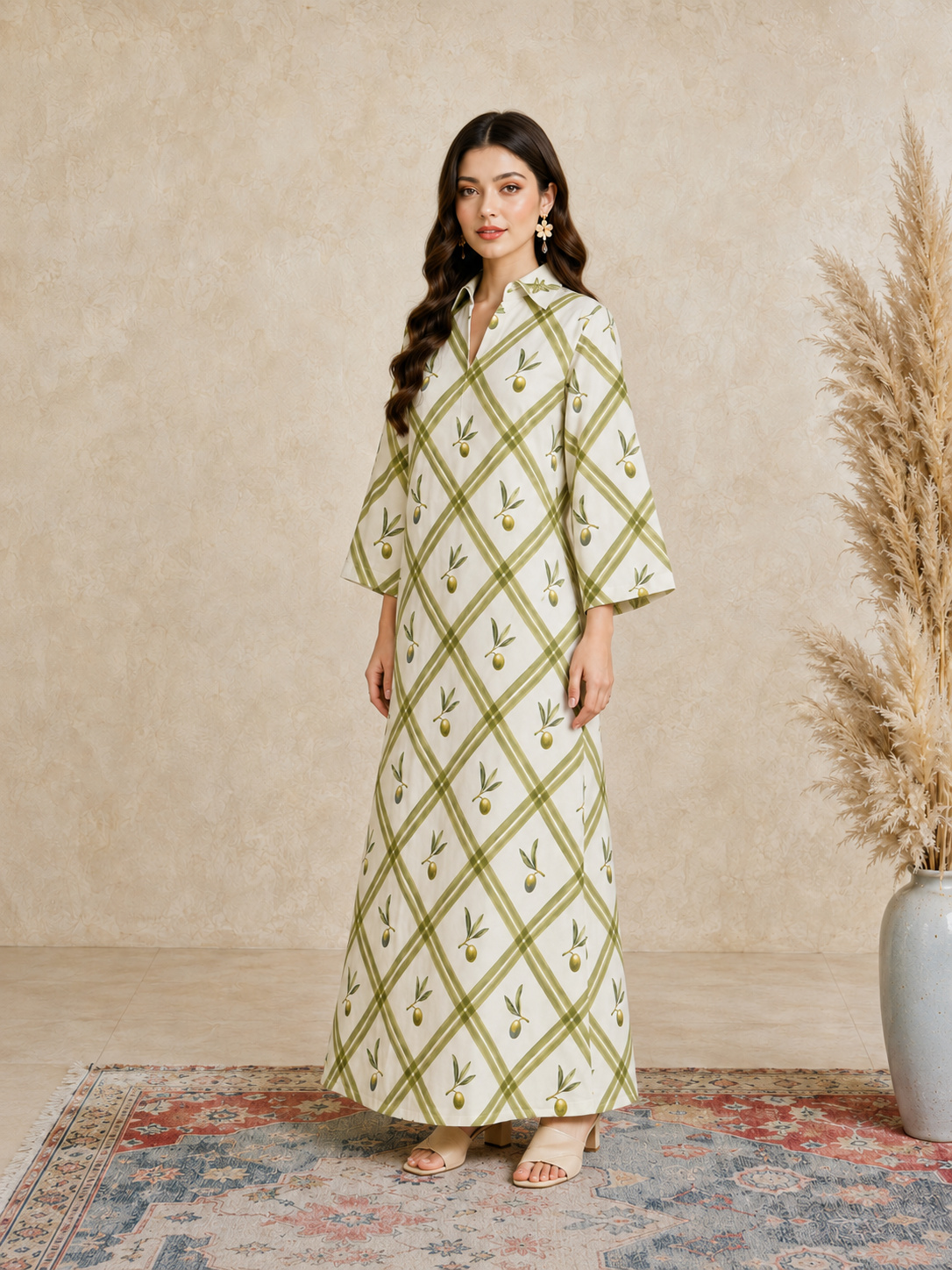 Olive Long Sleeves Open Collar Jalabiya