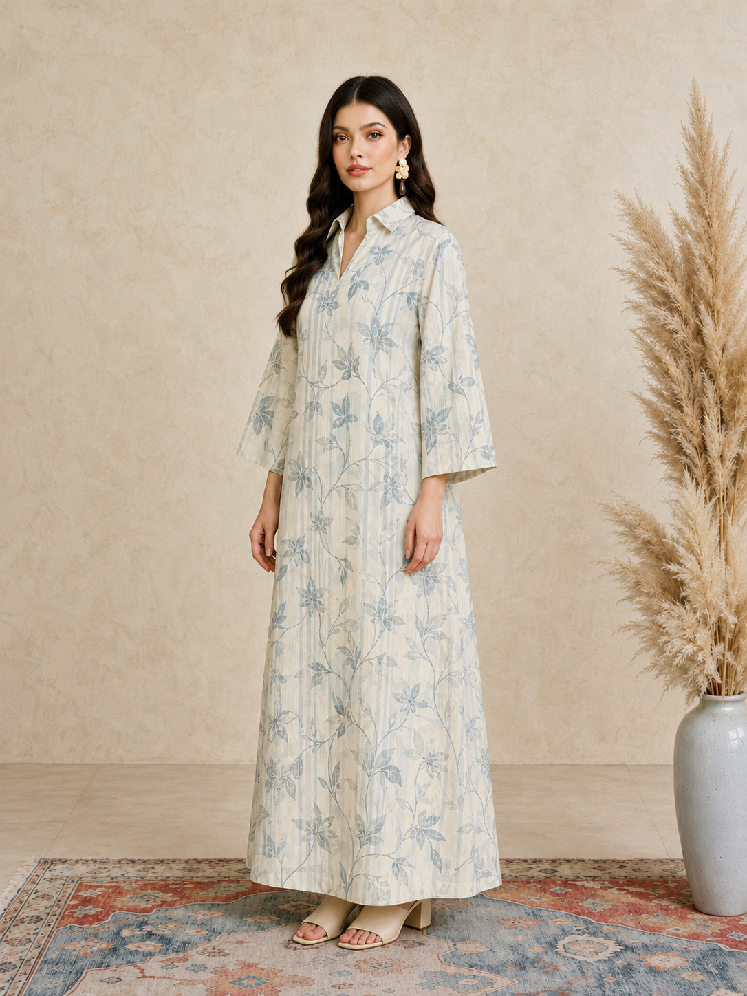 Beige Floral Print Open Collar Jalabiya