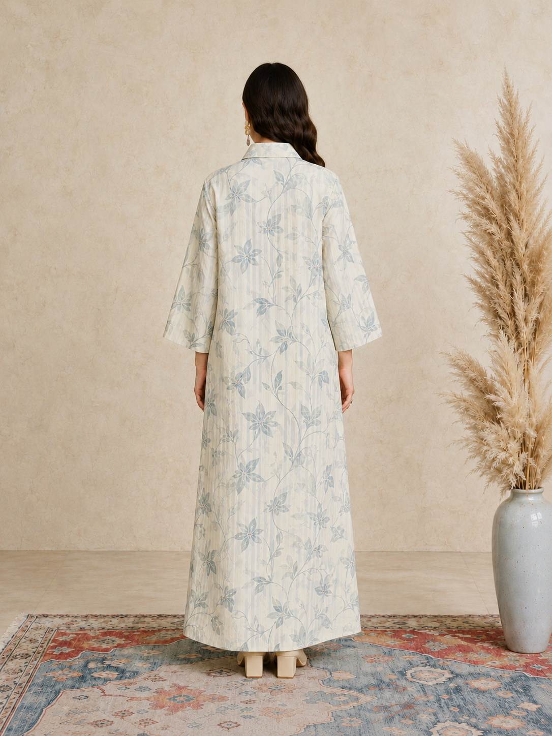 Beige Floral Print Open Collar Jalabiya