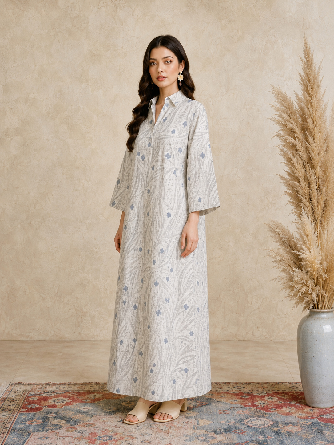 Beige All Over Print Open Collar Jalabiya
