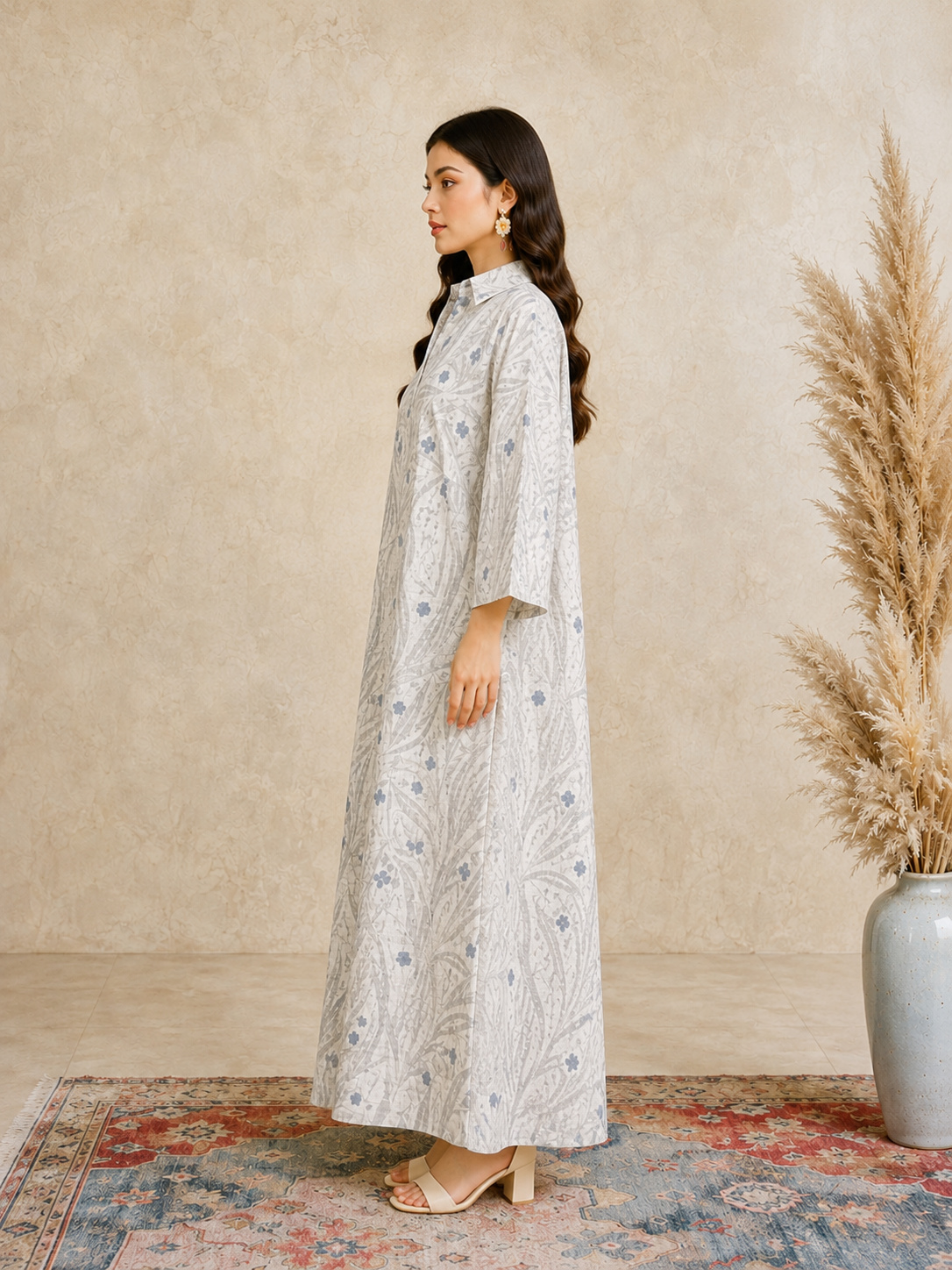 Beige All Over Print Open Collar Jalabiya