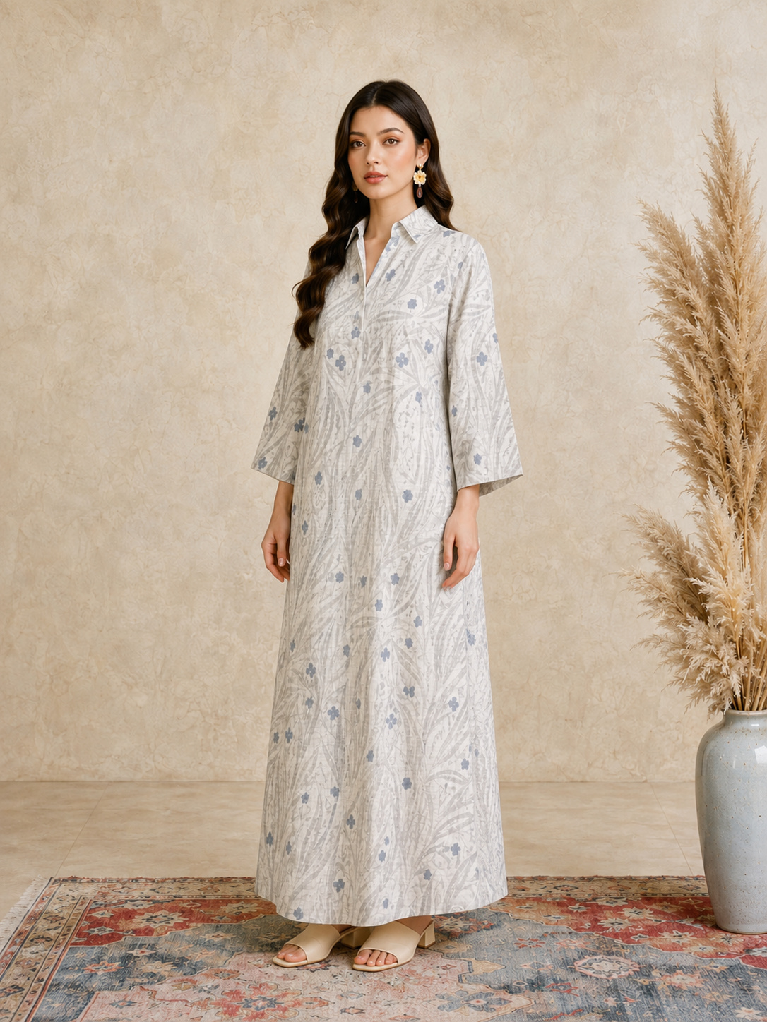Beige All Over Print Open Collar Jalabiya