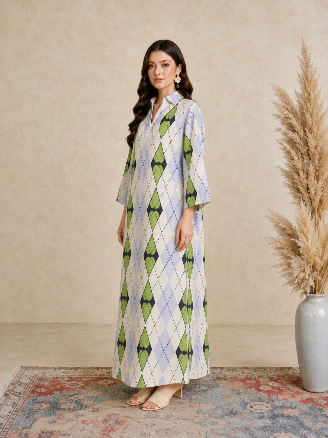 Multi Argyle PrintOpen Collar Jalabiya