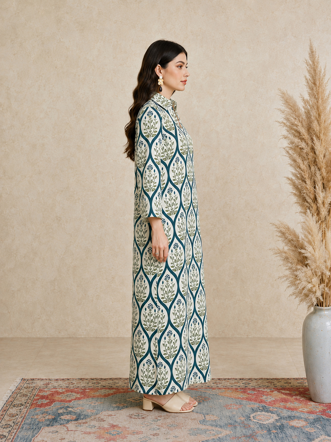 Green All Over Print Open Collar Jalabiya