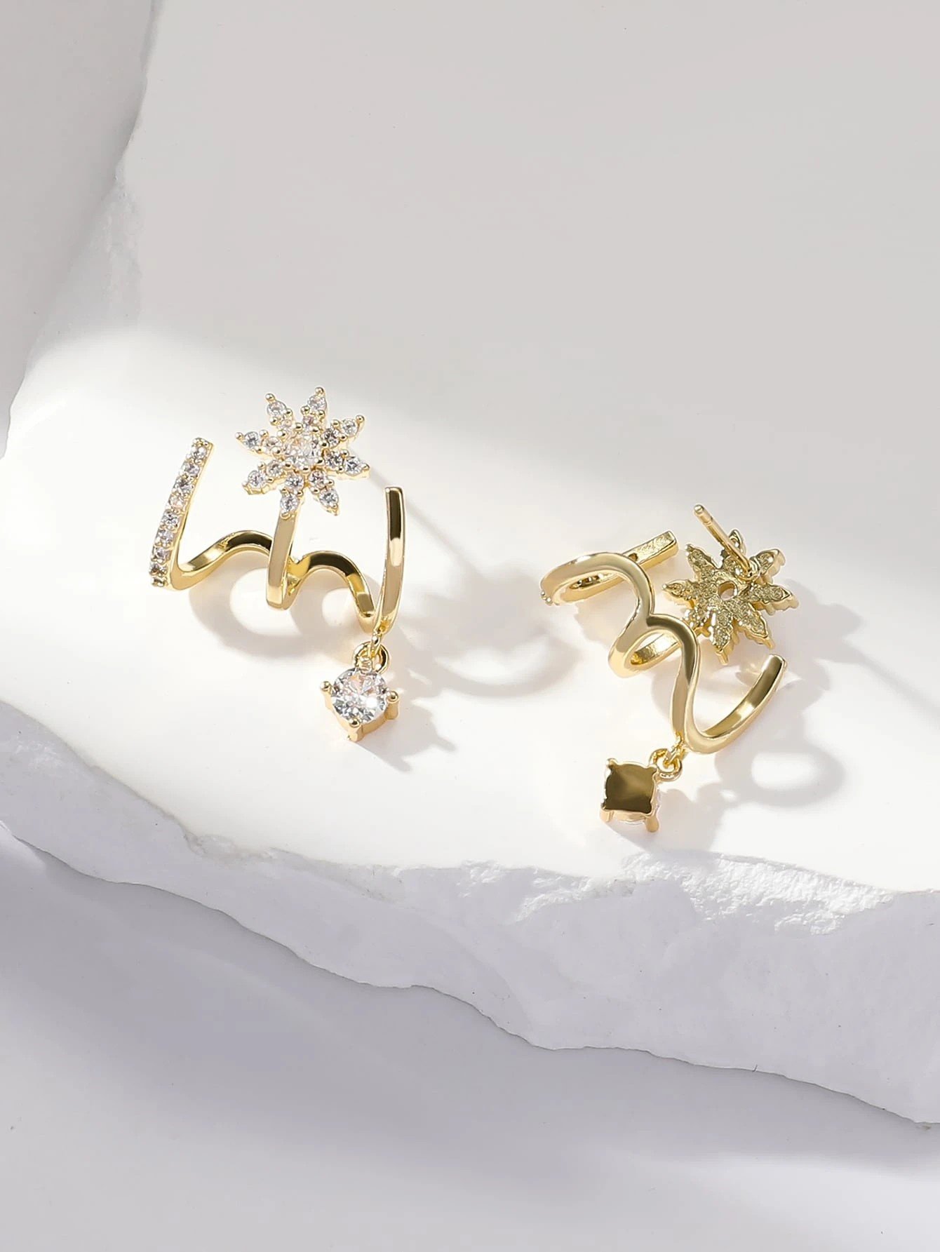 Gold Star Rhinestone Ear Cuffs with Dangle Charm - Casual 