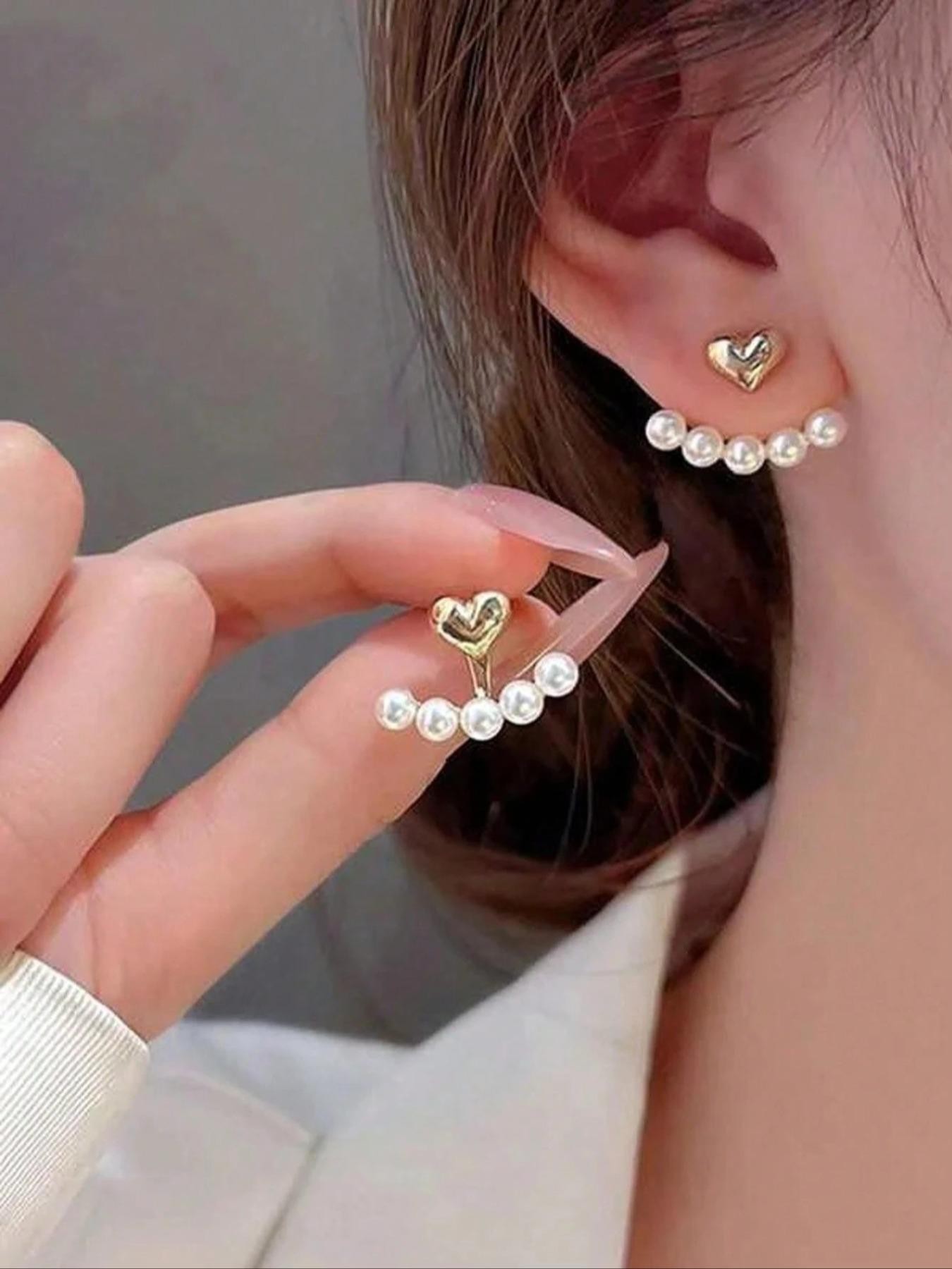 Gold Heart and Pearl Ear Jackets - Casual  Earrings for Women