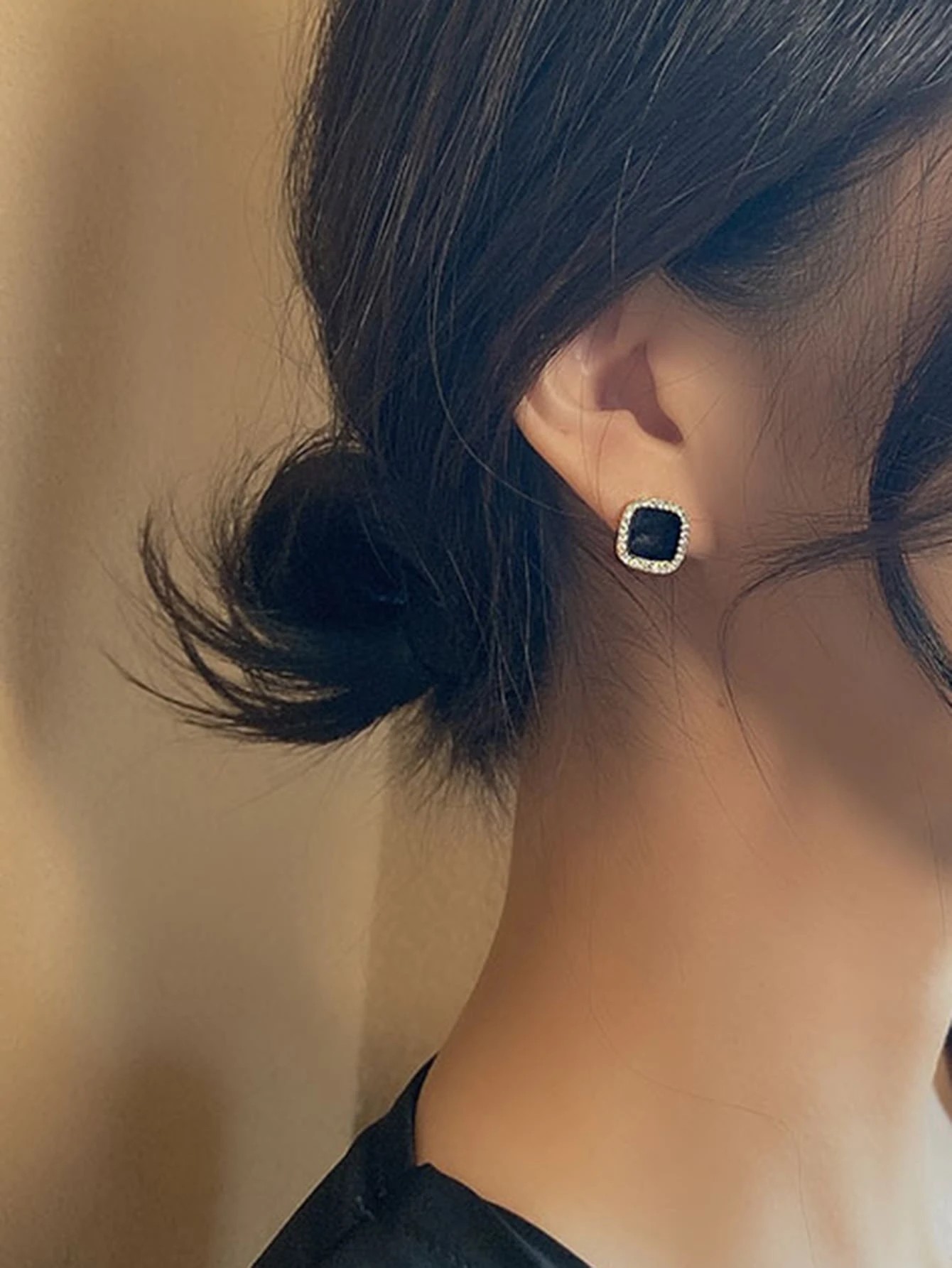 Gold and Black Square Rhinestone Stud Earrings