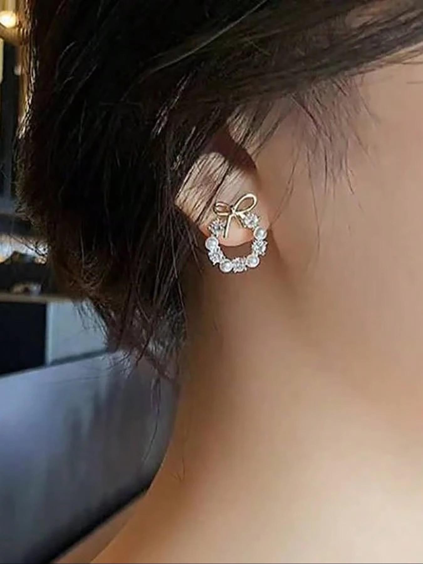 Gold Bow and Pearl Wreath Stud Earrings