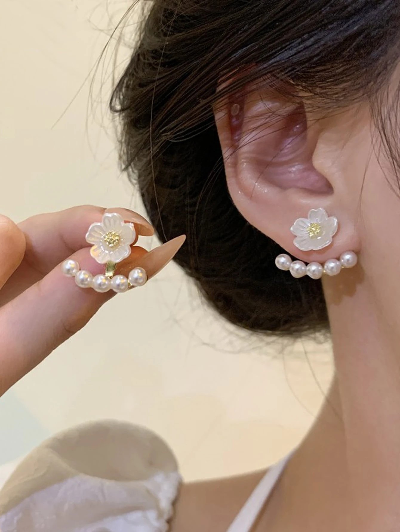 Gold and Pearl Flower Ear Jackets - Casual Earrings for Her