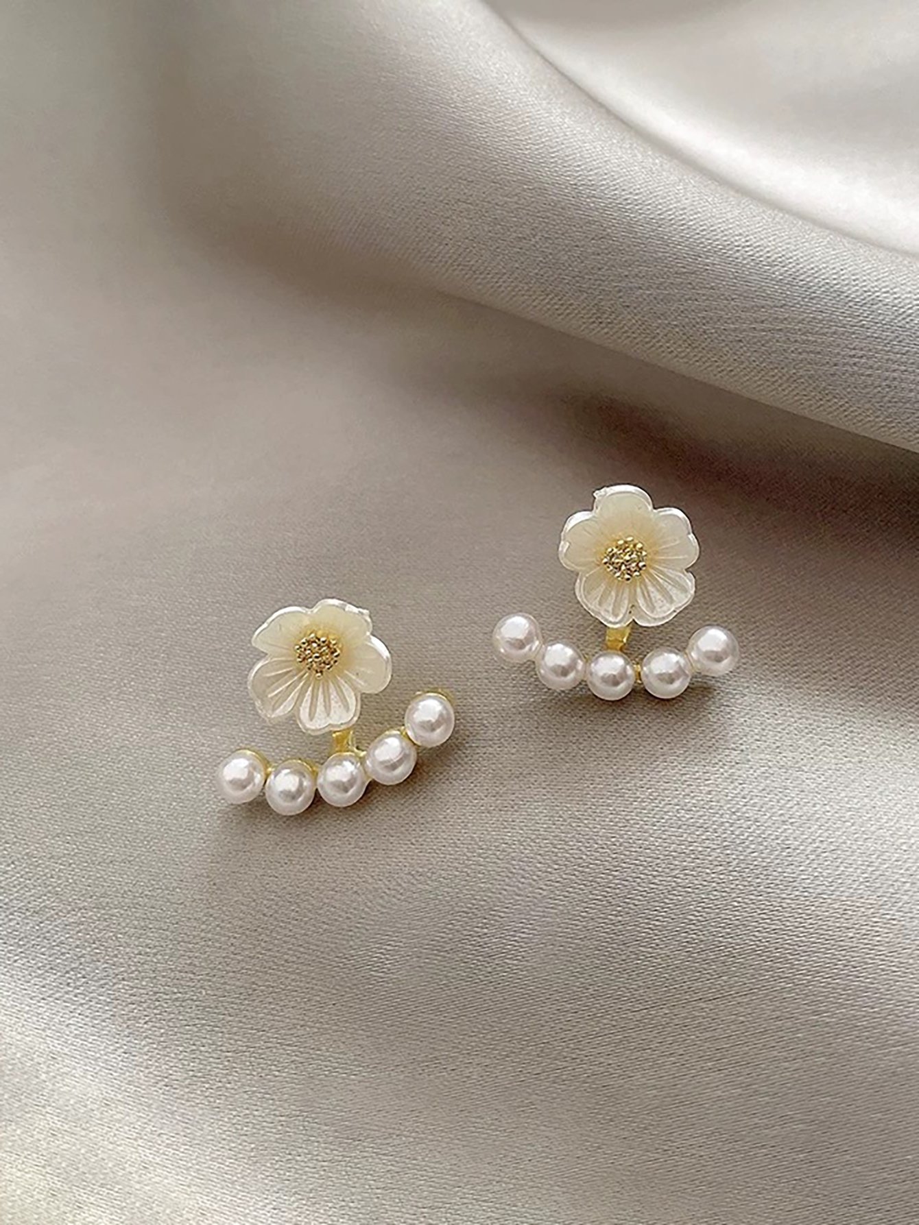 Gold and Pearl Flower Ear Jackets - Casual Earrings for Her
