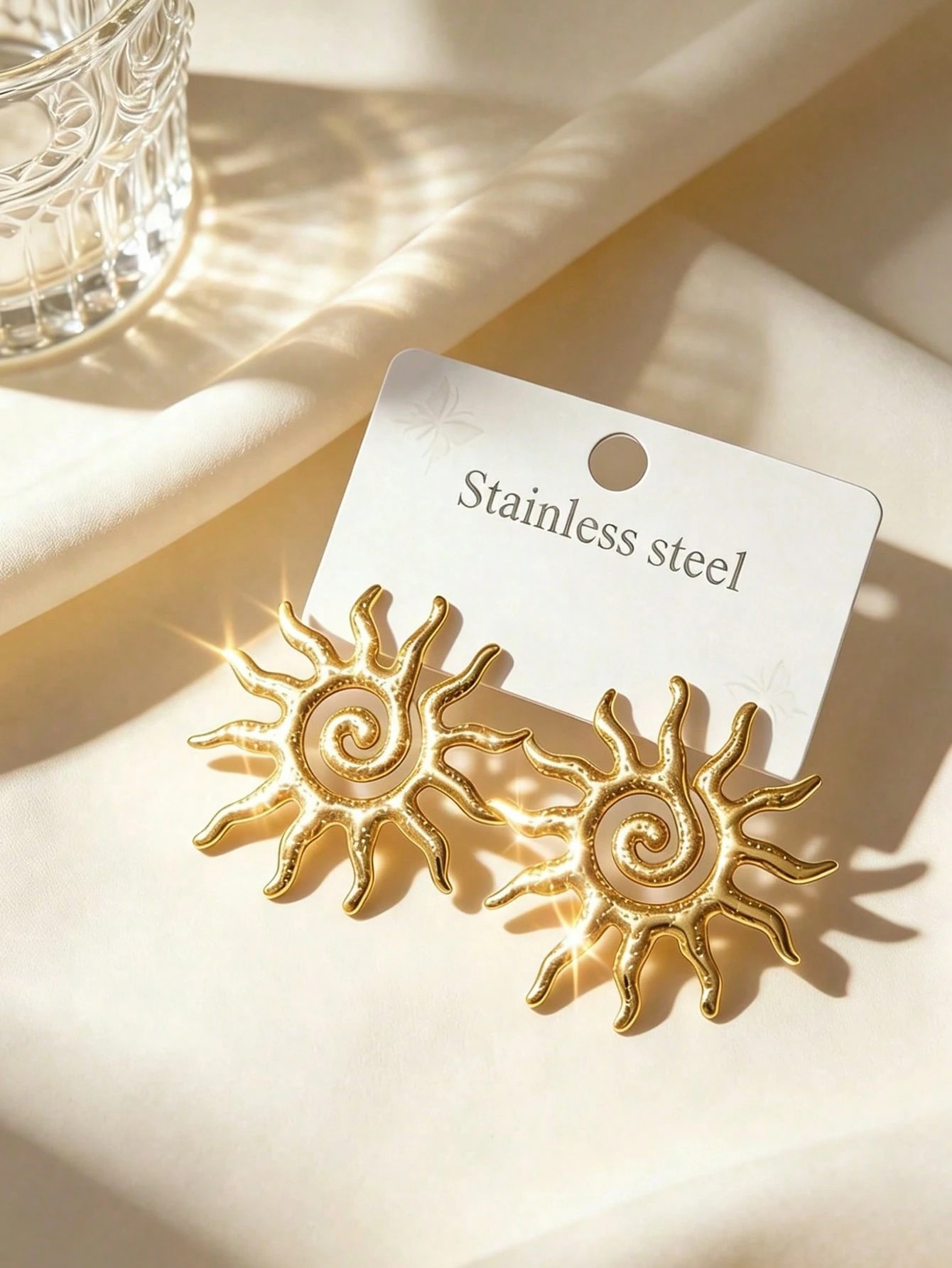 Golden Sun Spiral Drop Earrings - Stainless Steel, Casual 