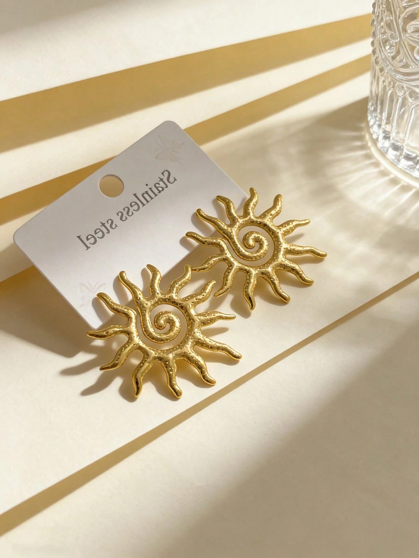 Golden Sun Spiral Drop Earrings - Stainless Steel, Casual 