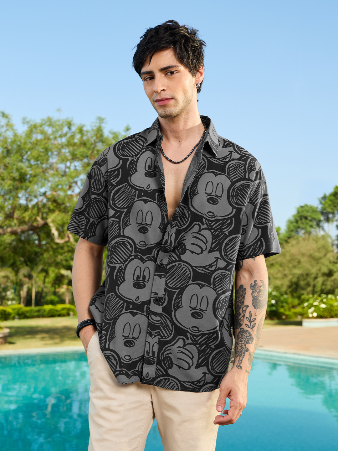 Men Black Mickey Mouse All-Over Print Spread Collar Shirt