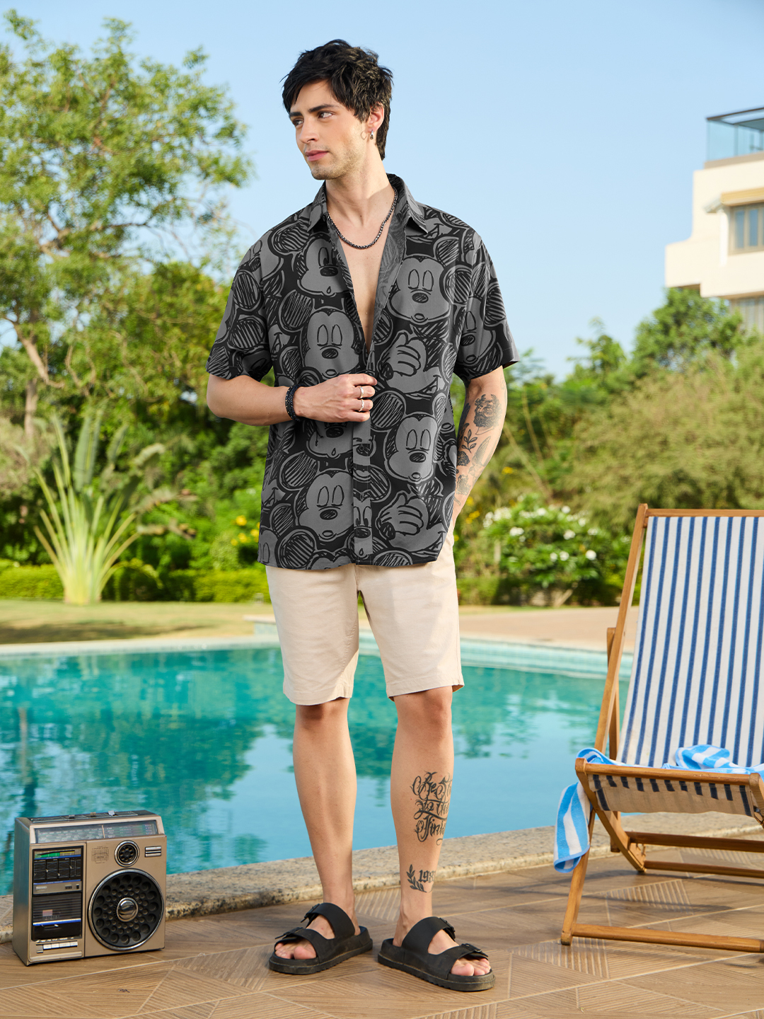 Men Black Mickey Mouse All-Over Print Spread Collar Shirt