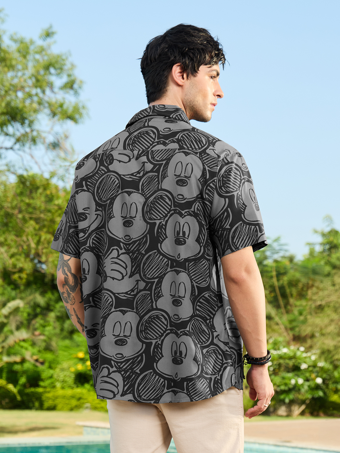Men Black Mickey Mouse All-Over Print Spread Collar Shirt