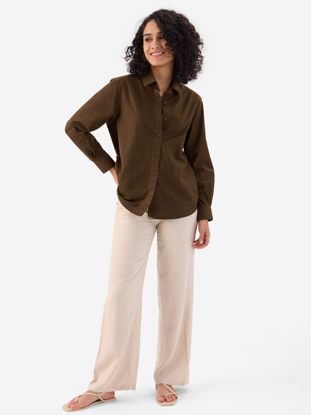 Brown Linen Blend Long Sleeve Regular Fit Shirt