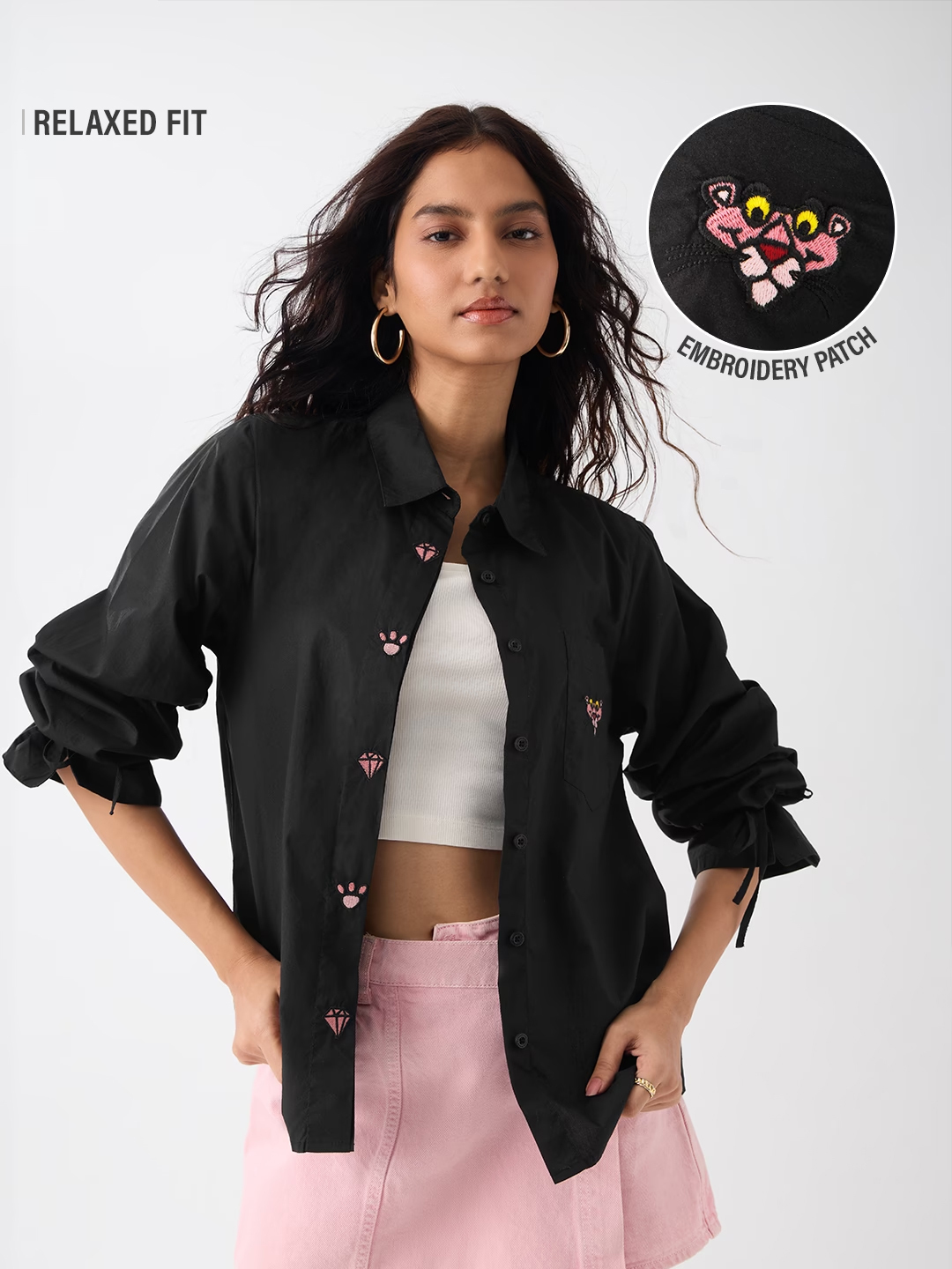 Black Relaxed Fit Shirt with Pink Panther Embroidery