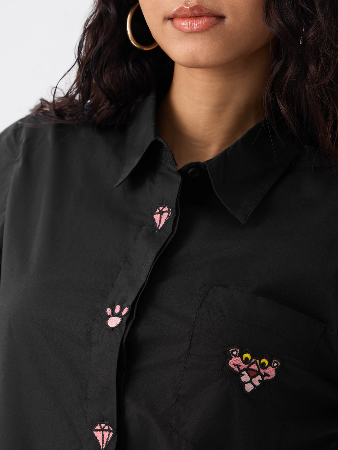 Black Relaxed Fit Shirt with Pink Panther Embroidery