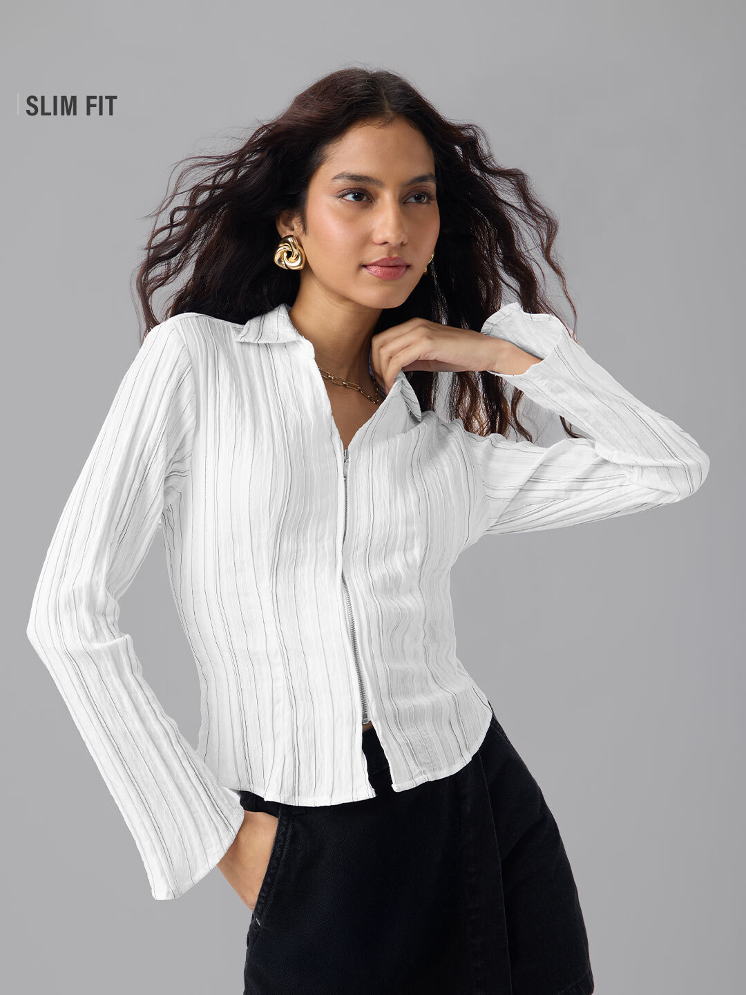 White Long Sleeve Zipper Shirt