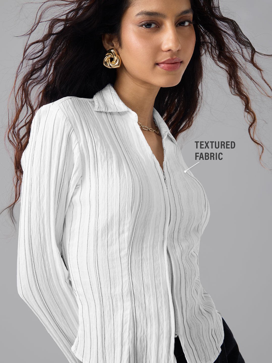 White Long Sleeve Zipper Shirt