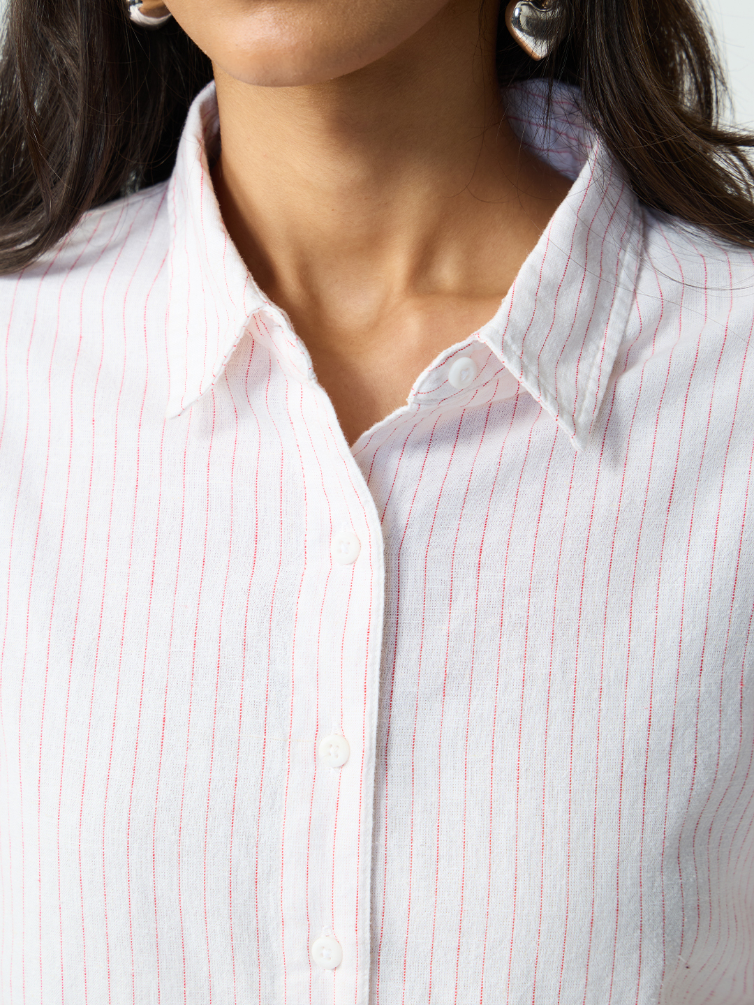 White Striped Linen Blend Long Sleeve Shirt