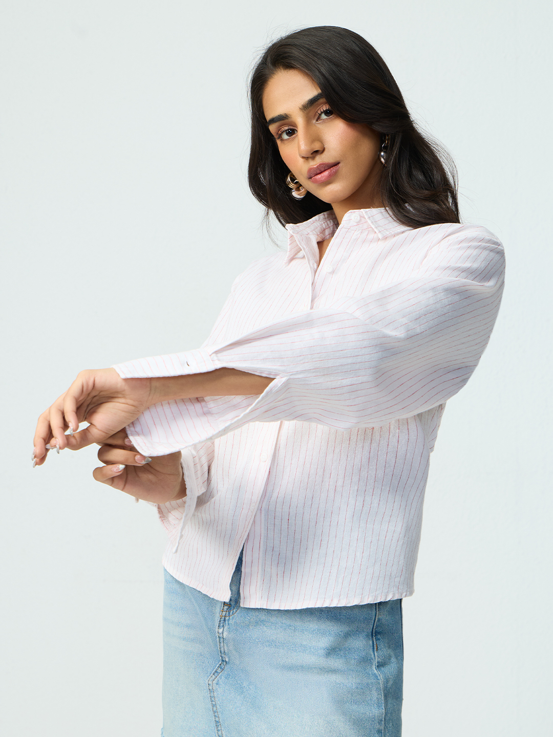 White Striped Linen Blend Long Sleeve Shirt