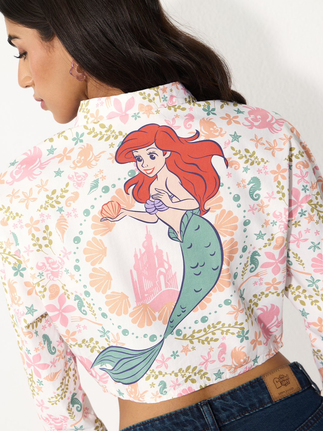 Ariel-Inspired Floral Print Cropped Long Sleeve Shirt