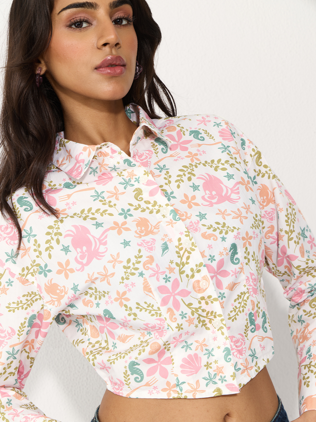Ariel-Inspired Floral Print Cropped Long Sleeve Shirt