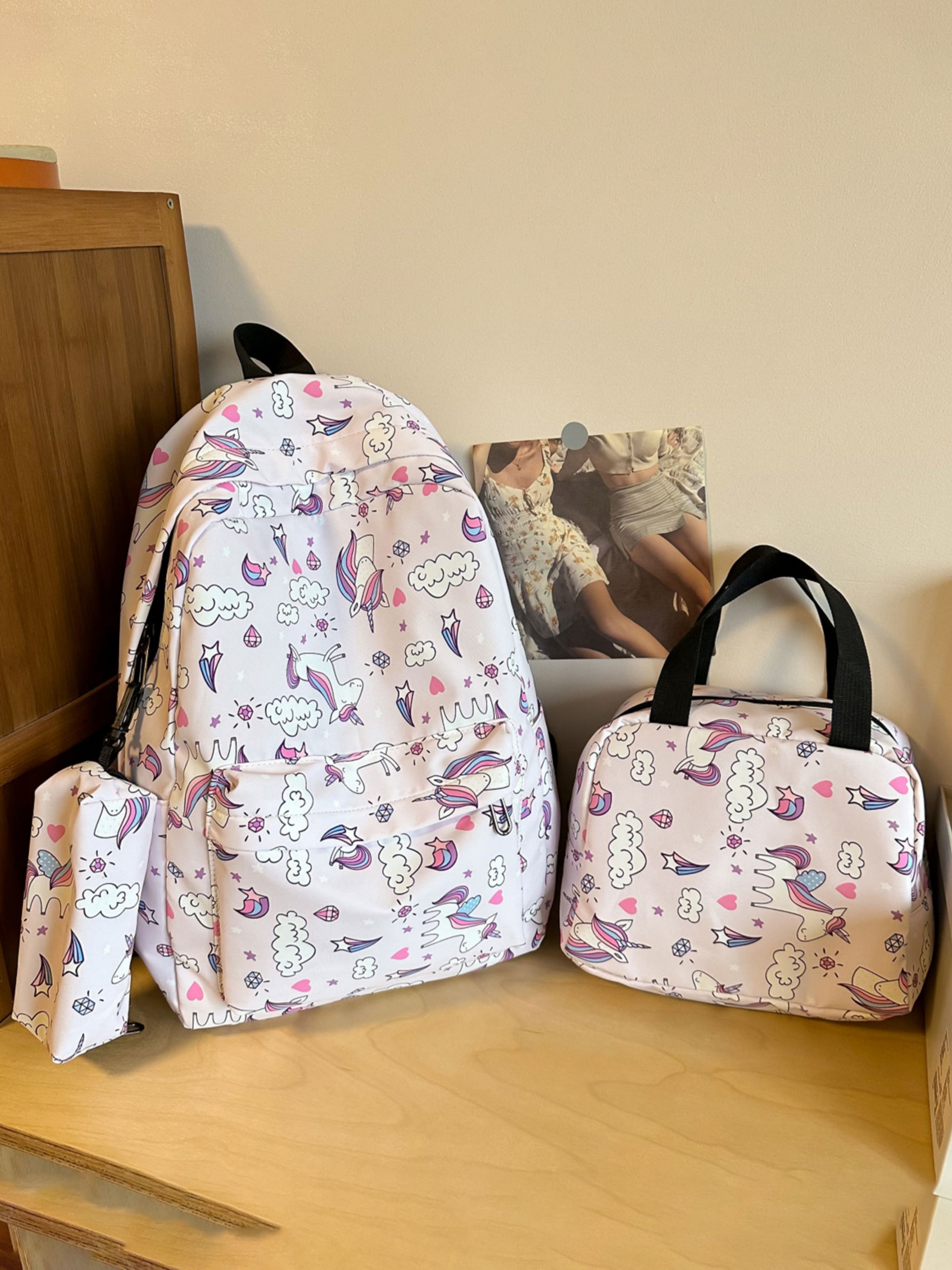 3Pcs Cartoon Print Nylon Backpack Set