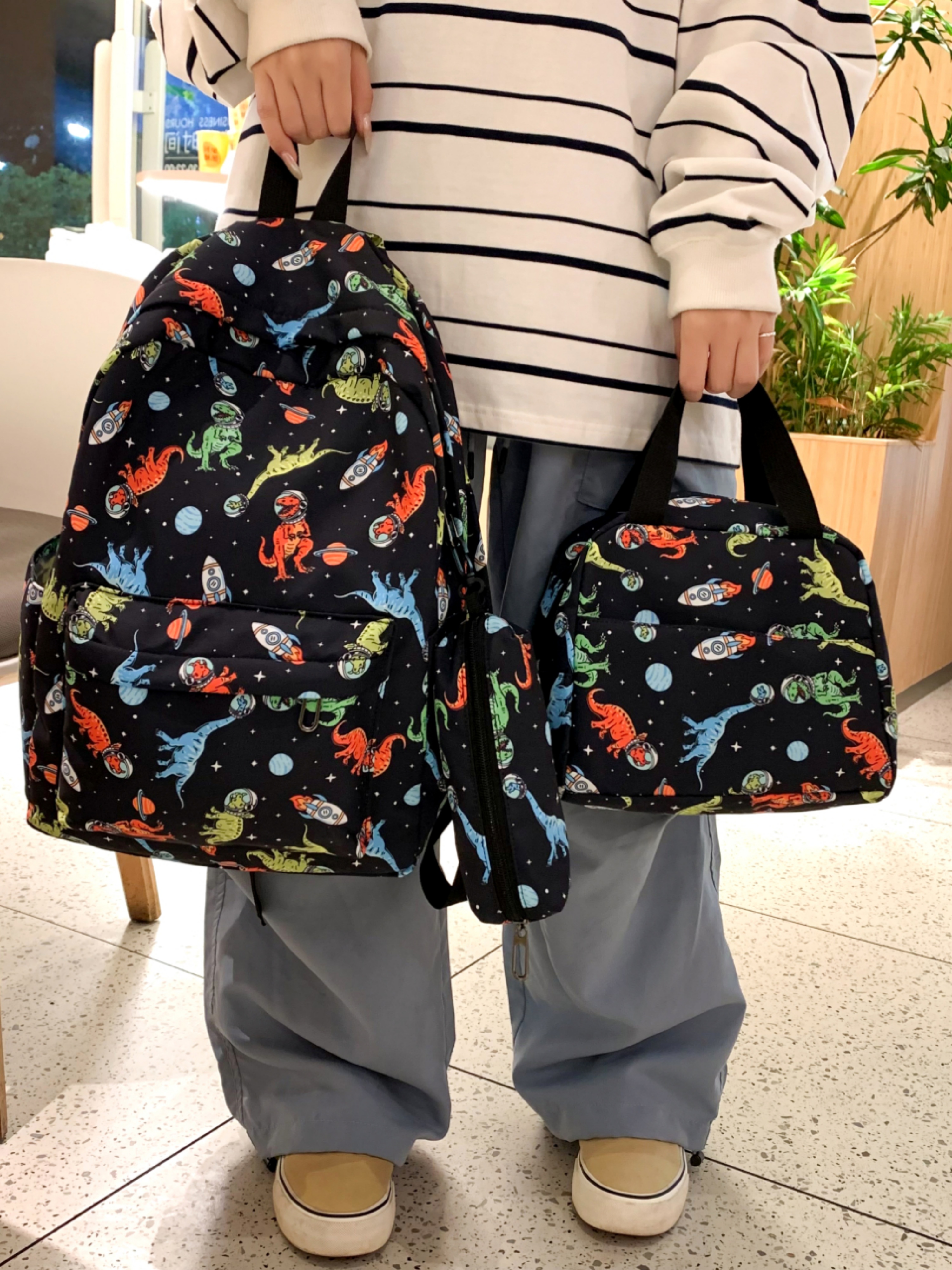 3Pcs Cartoon Print Nylon Backpack Set