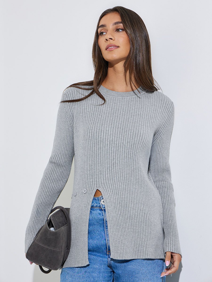 Grey Ribbed Longline Side Slit Sweater