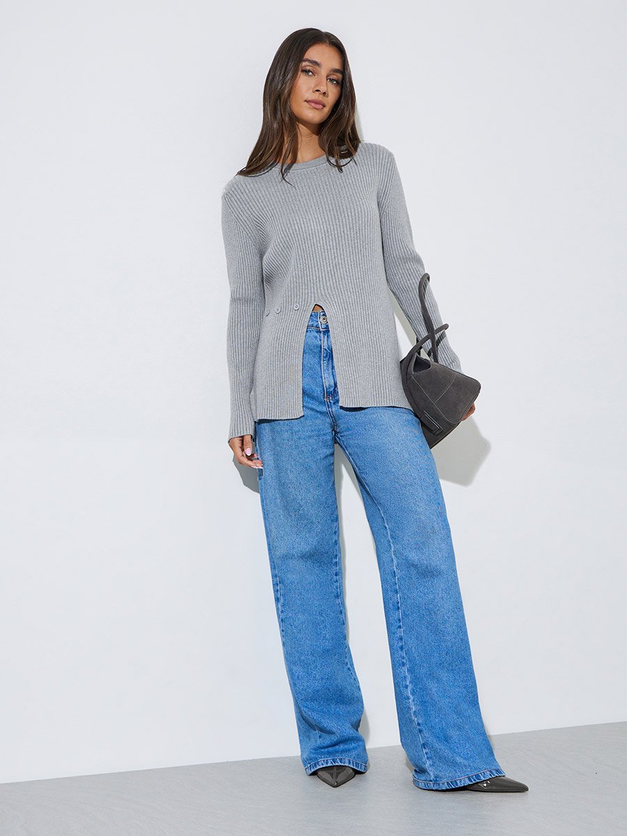 Grey Ribbed Longline Side Slit Sweater