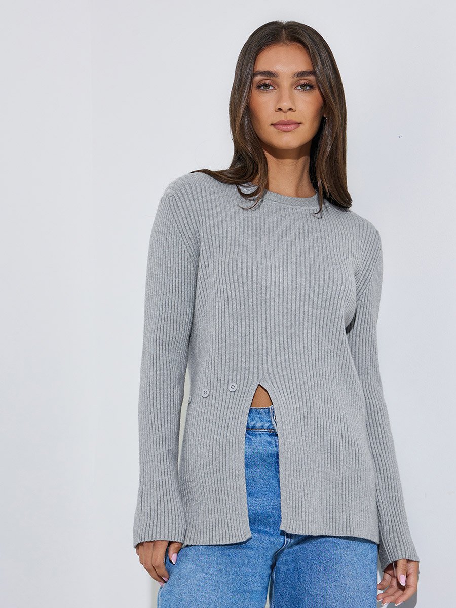 Grey Ribbed Longline Side Slit Sweater