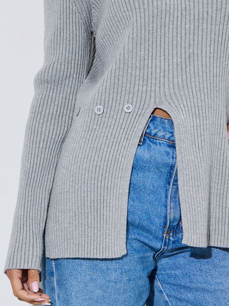 Grey Ribbed Longline Side Slit Sweater