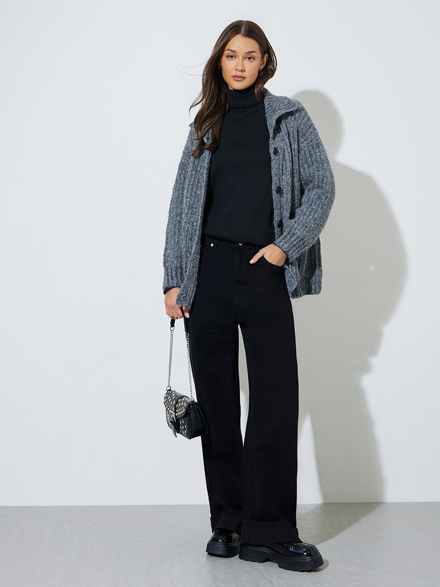 Grey High Neck Button-Up Ribbed Cardigan