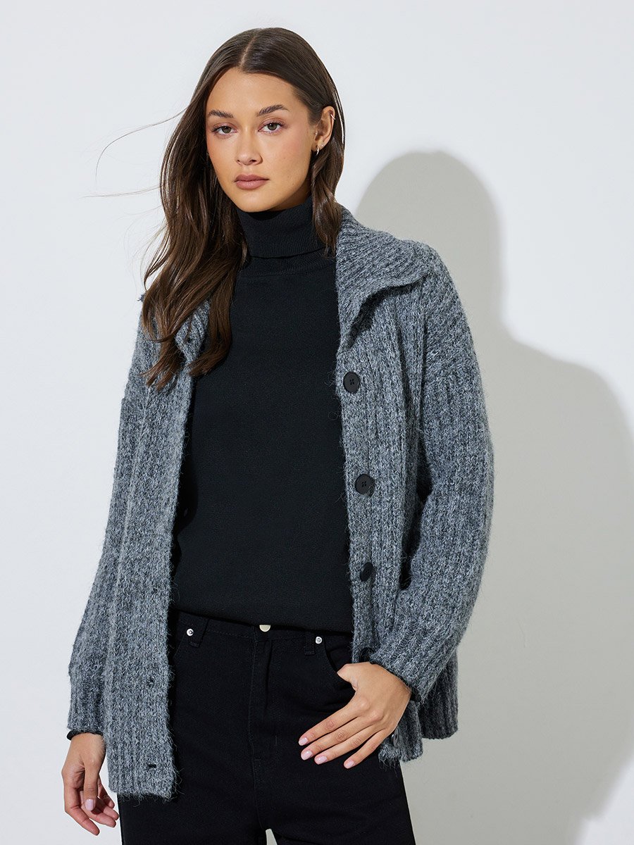 Grey High Neck Button-Up Ribbed Cardigan